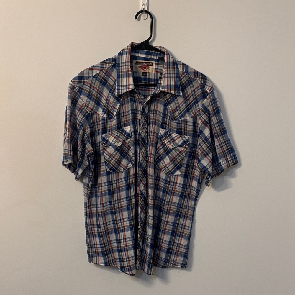 Vintage Men's Short-Sleeve Plaid Button-Down Shirt - Blue/White/Brown